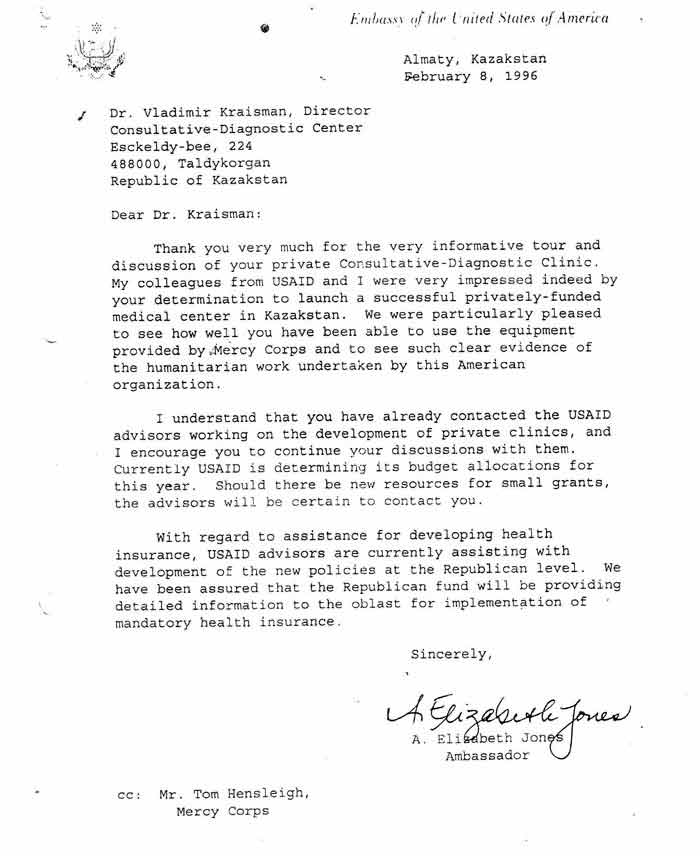 US Ambassador letter to Vladimir Kraisman