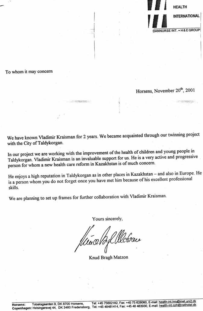 Letter from Health International, Denmark